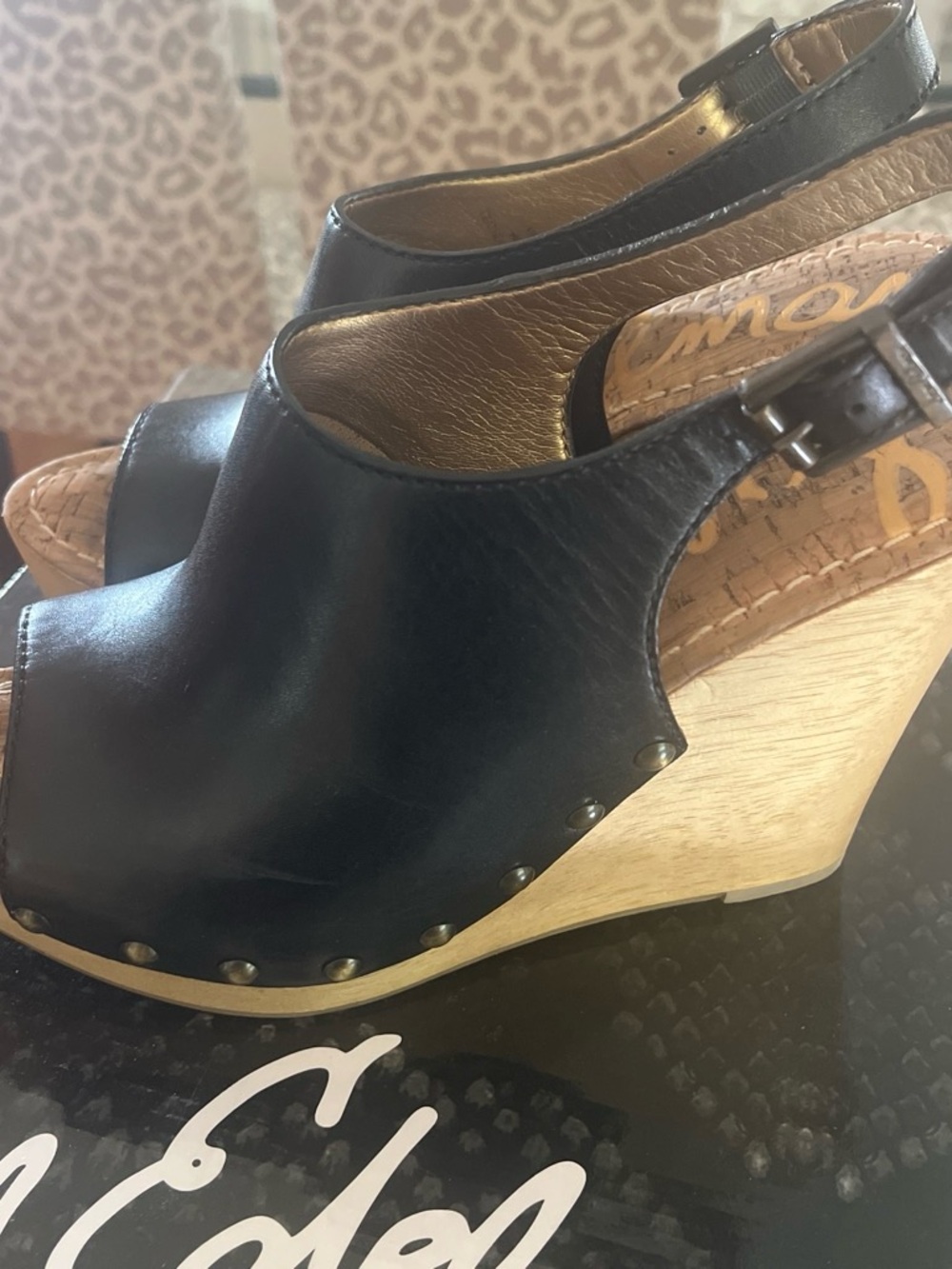 Sam Edelman Black Leather Open-Toe Wedge Sandals with Wood Platform